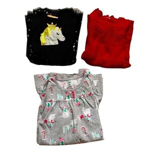 Bundle Christmas 3PC Set Dresses Red Black Unicorn Snowman Nightgown Girls 4T